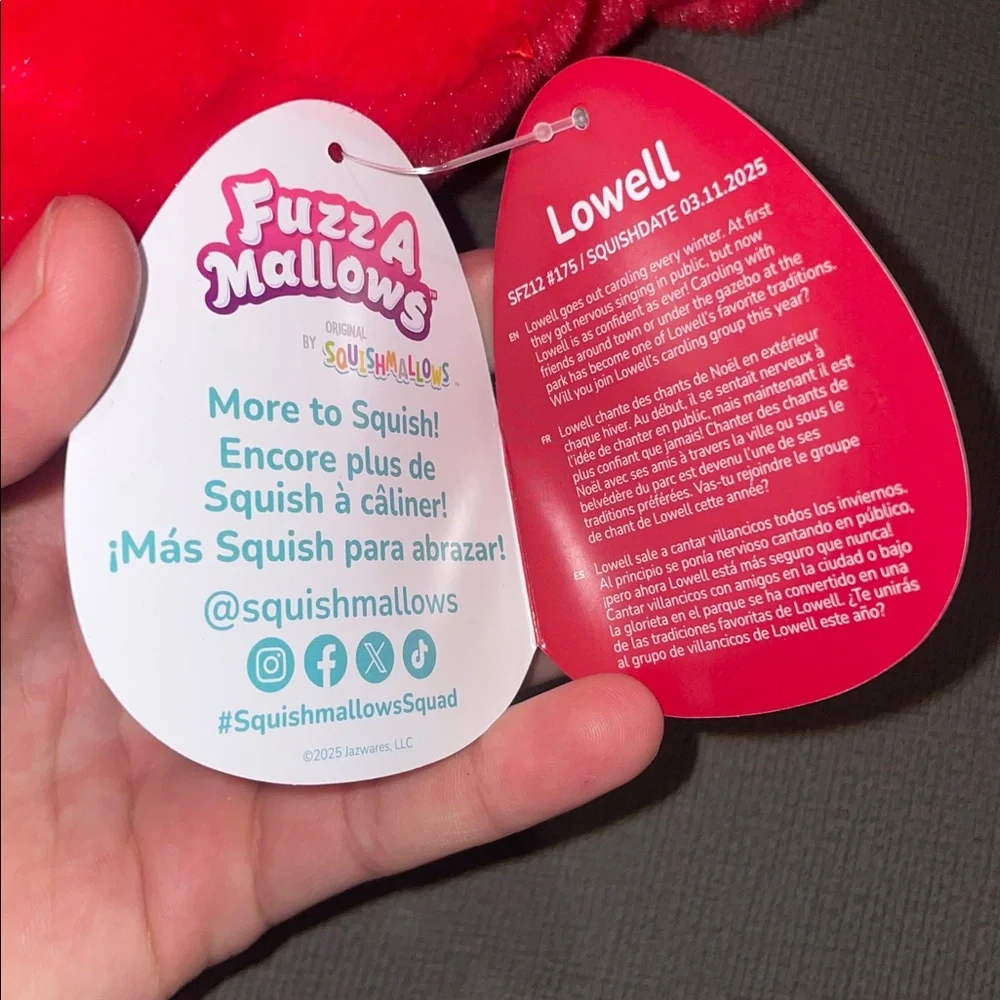 Fuzz a Mallow Red Plush Holiday Ornament , her name is Lowell